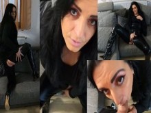 MILF americana vestida de cuero recibe semen en su chaleco de piel después de una mamada profunda ep 246